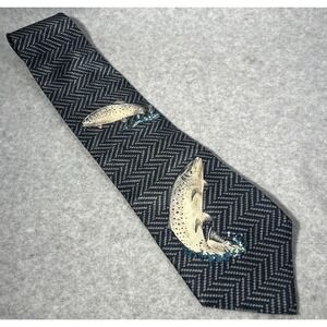 Field Wear Tie Mens Blue Silk Trout Fish Pattern‎ Herringbone Outdoors Fishing